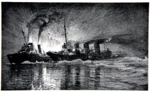 HMS Broke taranujący niemiecki niszczyciel, ilustracja z „Frontu morskiego” Gordona S. Maxwella, 1920
