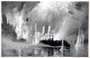 Motor rozpoczyna ratowanie załóg Blockships w Zeebrugge, ilustracja z „Frontu marynarki wojennej” Gordona S. Maxwella, 1920