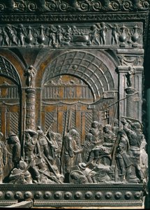 Chrystus przed Poncjuszem Piłatem. Szczegół. Płaskorzeźba lewej ambony, ok. 1460 ok. autorstwa Donatello