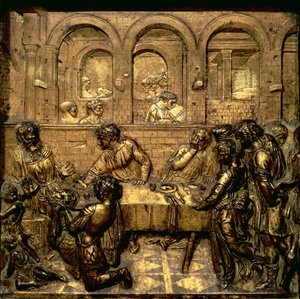 Uczta Heroda, z cyklu płaskorzeźb ilustrujących życie Jana Chrzciciela na sześciokątnej chrzcielnicy w baptysterium, 1417-30 (brąz złocony)