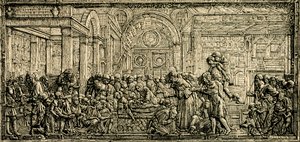 Cud serca skąpca, ołtarz św. Antoniego, płaskorzeźba z brązu autorstwa Donatella, bazylika św. Antoniego Padewskiego, Padwa, Wenecja Euganejska, Włochy, drzeworyt z Le cento citta d