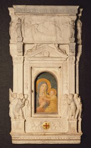 Tabernakulum Sakramentu Eucharystii lub Cyborium, autorstwa Donatello (1386-1466), z fragmentem XIV-wiecznego fresku Madonny z gorączki, Muzeum Skarbu Bazyliki Św. Piotra, Rzym, Watykan autorstwa Donatello