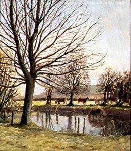 Bydło nad stawem (olej na płótnie) autorstwa Dora Carrington