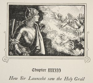 Jak Sir Launcelot widział Świętego Graala, ilustracja z „Story of King Arthur and the Round Table” Beatrice Clay, wydanie 1, 1905 autorstwa Dora Curtis