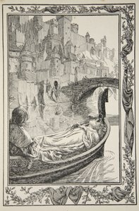 Barka płynęła w dół rzeki, ilustracja z „Opowieści o królu Arturze i okrągłym stole” autorstwa Beatrice Clay autorstwa Dora Curtis