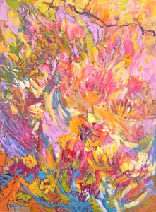 Żywe, abstrakcyjne kwiaty autorstwa Dorothy Fagan