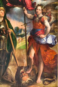 Madonna z Dzieciątkiem i św. Jerzym i św. Michałem Archaniołem, detal z 2384617, ok. 1518 (olej na desce) autorstwa Dosso Dossi