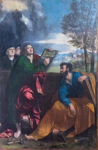 Święty Jan Ewangelista i Święty Bartłomiej z Pontichino della Sale i członkiem jego rodziny autorstwa Dosso Dossi