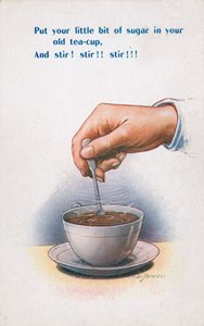 Mieszanie cukru w filiżance do herbaty (kolorowa litografia)