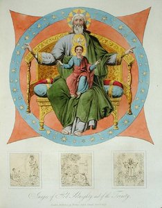 Wizerunki Boga Wszechmogącego i Trójcy z katedry Wniebowzięcia NMP w Moskwie, tablica 14 z "Charakter Rosjan i szczegółowa historia Moskwy", wydana w 1823 r. (akwatinta kolorowa) autorstwa Dr. Robert Lyall