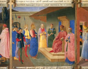 Chrystus przed Kajfaszem, fragment z Epizody z Męki i Zmartwychwstania Chrystusa, odwrócona powierzchnia Maesty ołtarza Duccio w katedrze w Sienie, dzieło Duccio di Buoninsegna (ok. 1255 - pre-1319), tempera na desce autorstwa Duccio di Buoninsegna