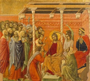 Zwieńczenie cierniem, fragment kafelka z Epizody męki i zmartwychwstania Chrystusa, odwrócona powierzchnia ołtarza Maesty Duccio w katedrze w Sienie autorstwa Duccio di Buoninsegna