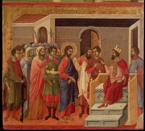 Jezus przed Herodem. Ołtarz Maesta (tempera i złoto na drewnie) autorstwa Duccio di Buoninsegna