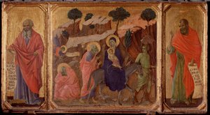 Życie Chrystusa: Ucieczka do Egiptu z prorokami Jeremiaszem i Ozeaszem. Predella Maesty (tempera na drewnie) autorstwa Duccio di Buoninsegna