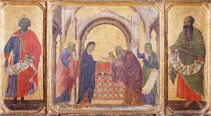 Salomon, prezentacja w Świątyni i Prorok Malachiasz, fragment z predelli ołtarza Maesty Duccio w katedrze w Sienie autorstwa Duccio di Buoninsegna