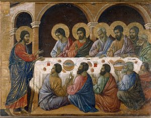 Męka Pańska - Tył ołtarza. Olej na desce autorstwa Duccio di Buoninsegna
