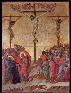 Ukrzyżowanie. Po bokach dobry złodziej (Dismas) i zatwardziały złodziej (Gestas). Ołtarz Maesta (tempera i złoto na drewnie) autorstwa Duccio di Buoninsegna