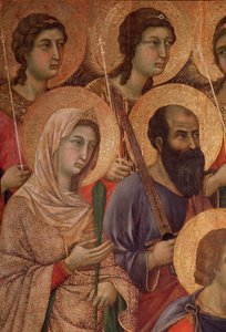 Dziewica z Dzieciątkiem na tronie, detal ze św. Katarzyną Aleksandryjską i św. Pawłem. (La Maesta) (tempera i złoto na drewnie) autorstwa Duccio di Buoninsegna