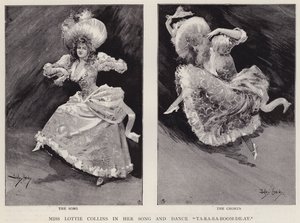 Angielska piosenkarka i tancerka, Lottie Collins, wykonująca swoją popularną piosenkę Ta-Ra-Ra-Boom-De-Ay (litho) autorstwa Dudley Hardy
