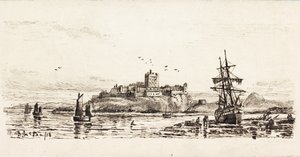 Holenderski szkuner Stranded at Bamburgh (atrament na karcie) autorstwa Duncan F. McLea