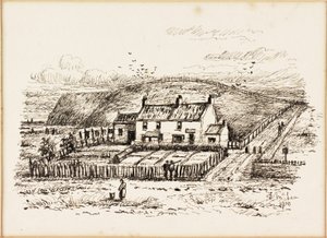 Wzgórze Wash House i Chata Betty Heron (tusz na papierze) autorstwa Duncan F. McLea