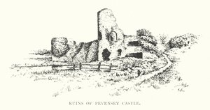 Ruiny zamku Pevensey (litografia) autorstwa Duncan Moul