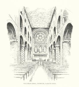 Waltham Abbey, Wnętrze, patrząc na wschód (litografia) autorstwa Duncan Moul