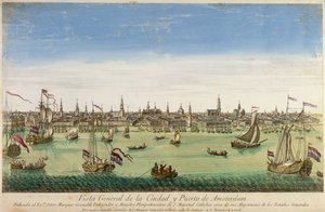 Widok ogólny portu i miasta Amsterdam, rycina D.G. Hucquier, XVI wiek autorstwa Dutch School