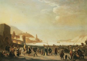 Port z ulicznymi sprzedawcami i chłopami na pierwszym planie (panel) autorstwa Dutch School