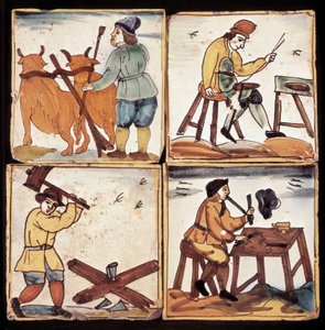 Panel Azulejos: reprezentacja rzemiosła, chłopska uprawa roli, oszczędzanie, łuparka do drewna i pipier (ceramika) autorstwa Dutch School