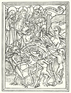 Blockbook Ars Moriendi, wydrukowany około 1460 r. w Niderlandach przez nieznanego autora (litografia) autorstwa Dutch School