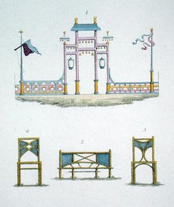 Chińska brama i krzesła ogrodowe, z „Magazine of Garden Gems” G. van Laara, opublikowane 1802 (kolor lito) autorstwa Dutch School