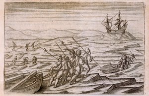 Zbieranie drewna do chaty, w której ekspedycja zimowała, ilustracja z Diarium Nauticum, seu vera descriptio trium navigationum admirandarum... Gerrit de Veer, 1598 autorstwa Dutch School