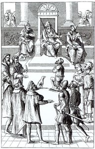 Spowiedź za zadośćuczynienie przed trybunałem, po drzeworycie w Praxis Rerum Criminalium Joosa de Damhoudera (1507–81) opublikowanym w Antwerpii, 1556 autorstwa Dutch School