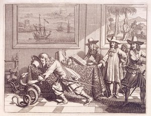 Radzenie sobie z kobrą, która zaatakowała holenderskie pokoje oficerskie, 1672 autorstwa Dutch School