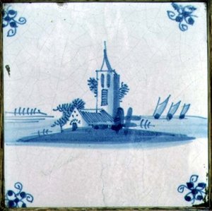 Płytka Delft przedstawiająca kościół z trzema żaglami barki autorstwa Dutch School