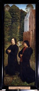 „Dwóch darczyńców, członkowie gildii szewców” Malowanie na drewnie z XV-wiecznej szkoły holenderskiej (mistrz Saint Crispin) Muzeum Puszkina z początku XVI wieku, Moskwa autorstwa Dutch School