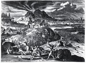 Trzęsienie ziemi w Edo (Tokio) w 1659, ilustracja z relacji Arnolda Montanusa z ambasad wysłanych przez Holenderską Kompanię Wschodnioindyjską do cesarza Japonii, opublikowana w Amsterdamie 1669 ( autorstwa Dutch School
