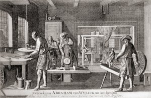 Fabryka Abrahama van Wylicka, Amsterdamski Przemysł Jedwabniczy, z "Geschiedenis van Nederland", wyd. 1936 (litografia) autorstwa Dutch School