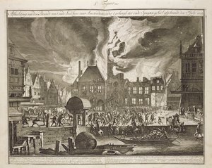 Pożar starego ratusza w Amsterdamie, 17 lipca 1652, z książki o gaszeniu pożarów w Holandii, wydanej ok. 1700 autorstwa Dutch School