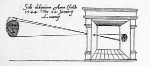 Pierwsza opublikowana ilustracja kamery obscura obserwującej zaćmienie Słońca w styczniu 1544 autorstwa Dutch School