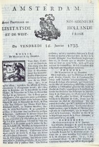 Strona tytułowa La Gazette dAmsterdam, 16 stycznia 1733 (papier drukowany) autorstwa Dutch School