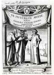 Frontyspis Dialogus De Systemate Mundi Galileusza (1564-1642), opublikowany w Leyden 1635 autorstwa Dutch School