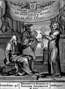 Frontyspis Dialogus De Systemate Mundi Galileusza, wydanie opublikowane w 1641 r. autorstwa Dutch School