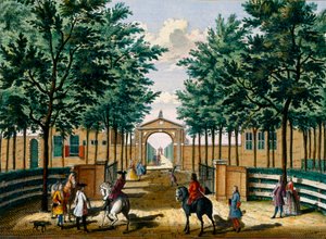 Ogrody pałacu rozkoszy Francois van Haringkaspel, z Het Zeganpralent Kennemerlant autorstwa Hendricka de Letha i Matthiasa Broueriusa Van Nidka, opublikowane ok. 1700-1730 autorstwa Dutch School