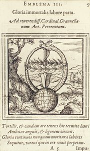 Zdobyta chwała nieśmiertelnej pracy, ilustracja z Emblemata Adrianusa Juniusa, wyd. Christophe Plantin, Anvers, 1565 autorstwa Dutch School
