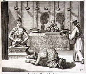 Wnętrze świątyni boga indyjskiego, z "Chin Ilustrowanych" Athanasius Kircher (1601-80) 1667 (rycina) autorstwa Dutch School