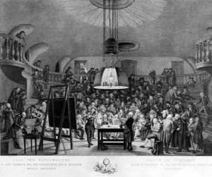 J. H. van Swinden, demonstrujący wytwarzanie energii elektrycznej Towarzystwu Felix Meritis, Amsterdam, ok. 1800 autorstwa Dutch School