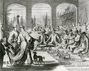 Jezuici z kupcami holenderskimi i portugalskimi na dworze japońskim, ok. 1670 (rycina) autorstwa Dutch School