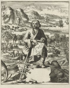 Louis Hennepin lądujący w Ameryce Północnej, wyd. 1688 (rycina) autorstwa Dutch School